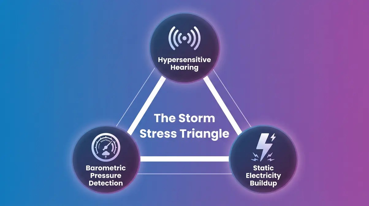 Storm Stress Triangle infographic showing three physiological triggers causing cats scared of thunderstorms to panic