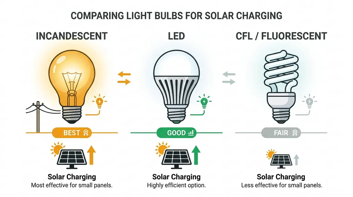 Comparison of incandescent LED and CFL bulbs for charging solar panels showing effectiveness ratings