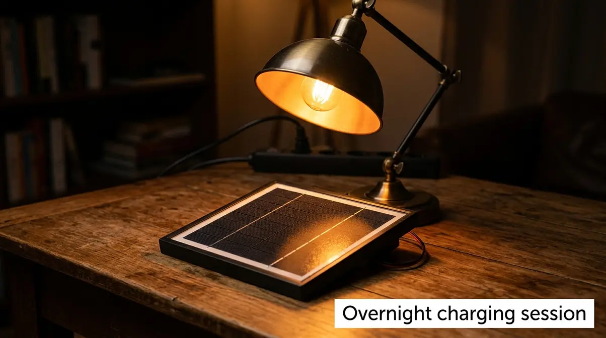 Solar panel placed face-up under a desk lamp incandescent bulb for indoor overnight charging