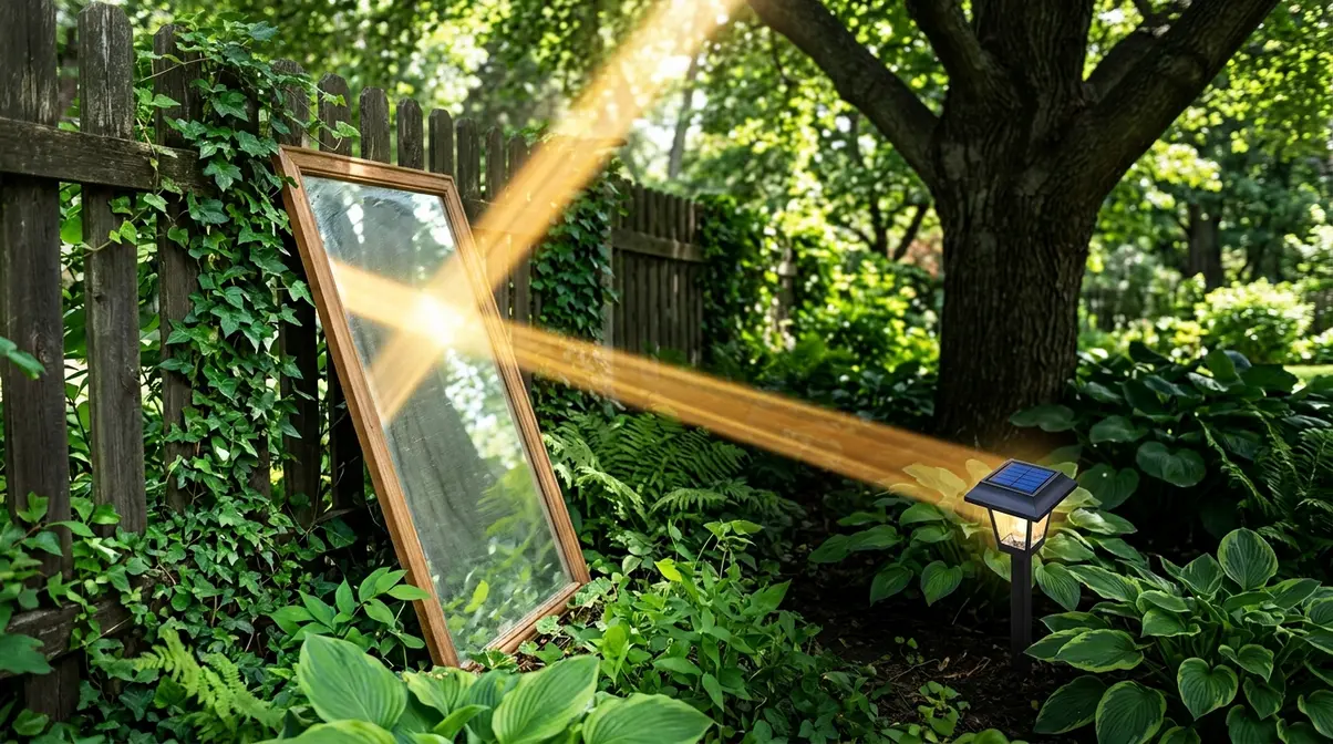 Mirror angled to redirect sunlight onto shaded solar panel in garden to improve charging
