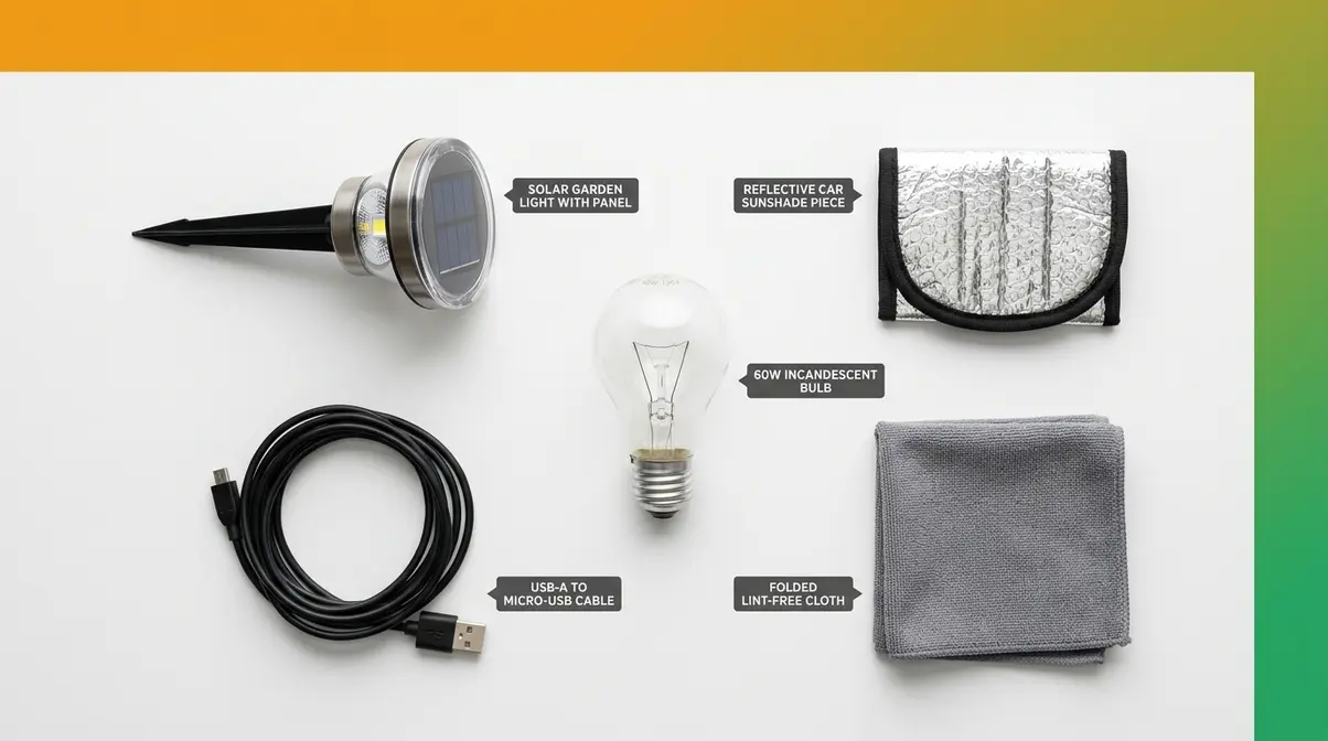 Tools needed to charge solar lights without sun including bulb, USB cable, and cleaning cloth