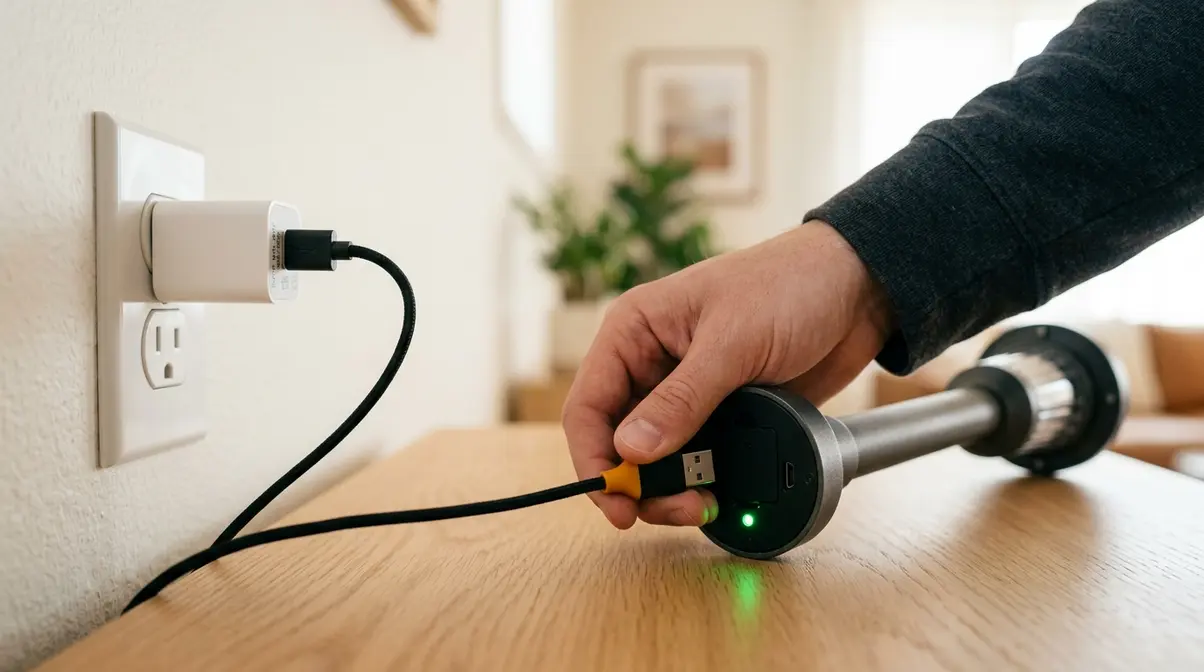 Plugging USB cable into solar light base to charge battery directly from wall outlet