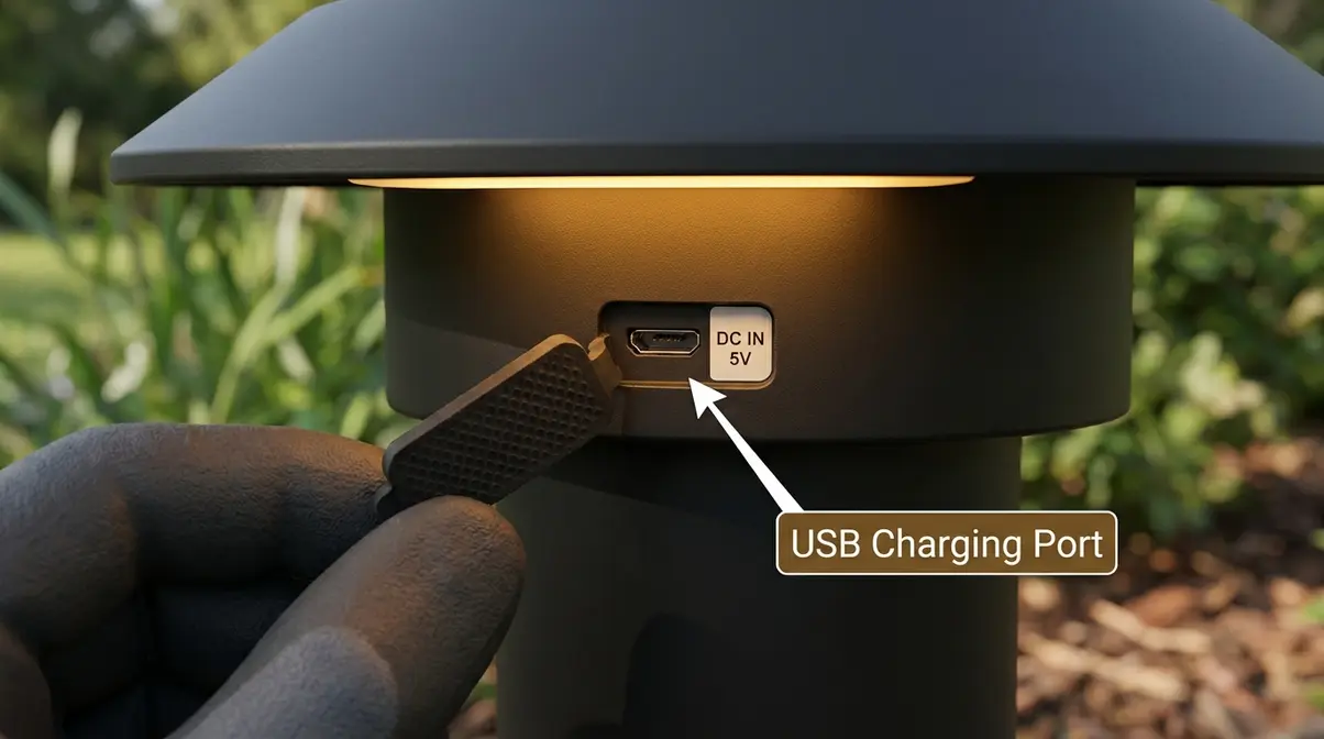 Solar light USB charging port on base of outdoor pathway light with rubber cover open