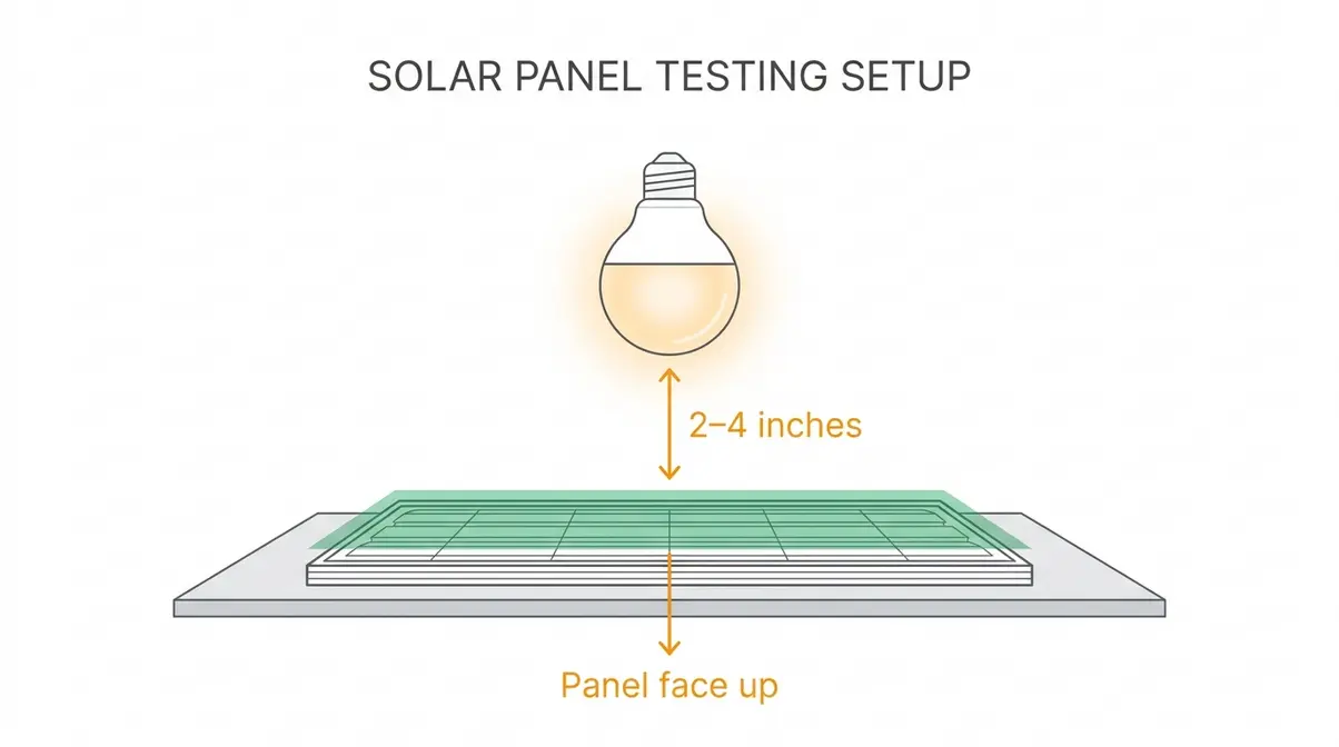 Diagram showing solar panel positioned 2 to 4 inches below a desk lamp bulb for indoor charging