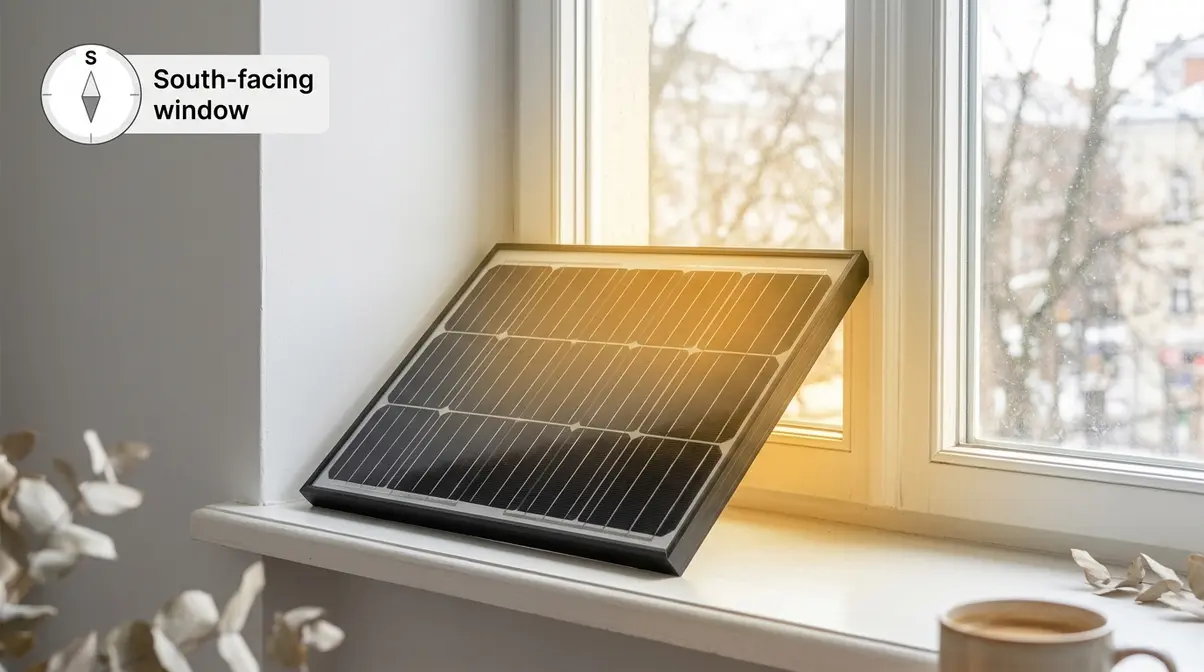 Solar panel positioned face-up on south-facing windowsill angled toward glass for indoor charging
