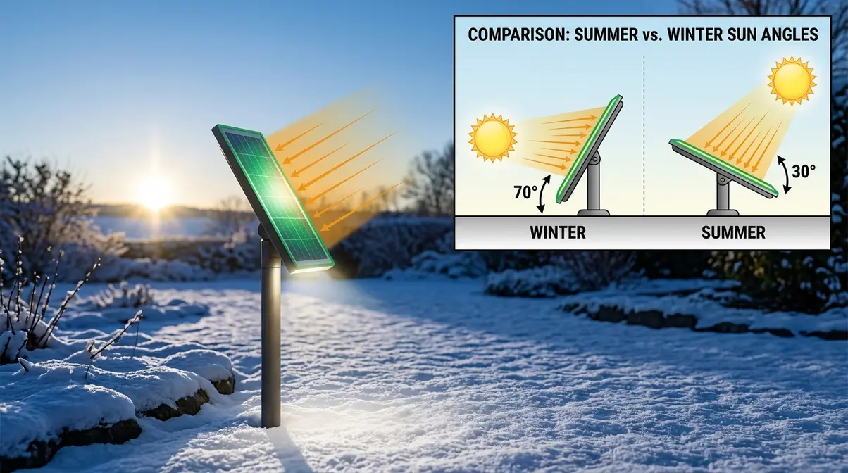 Solar panel tilted steeply in winter garden to face low winter sun for maximum charging efficiency