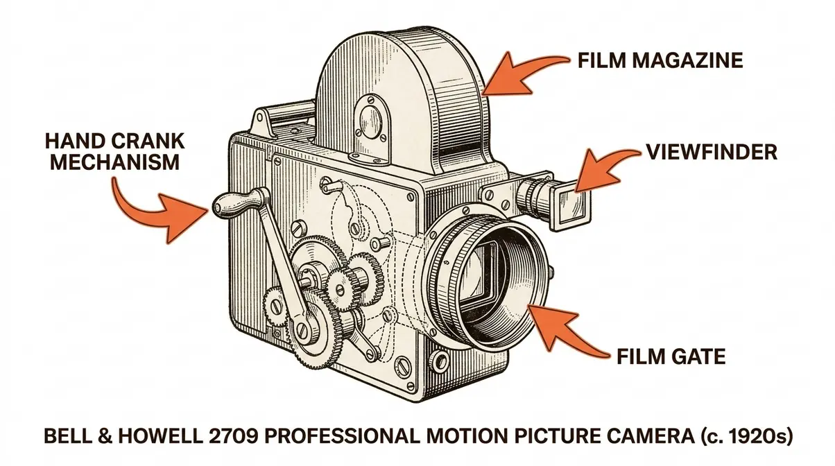 Diagram of Bell & Howell 2709 hand-cranked camera showing crank mechanism and film gate components