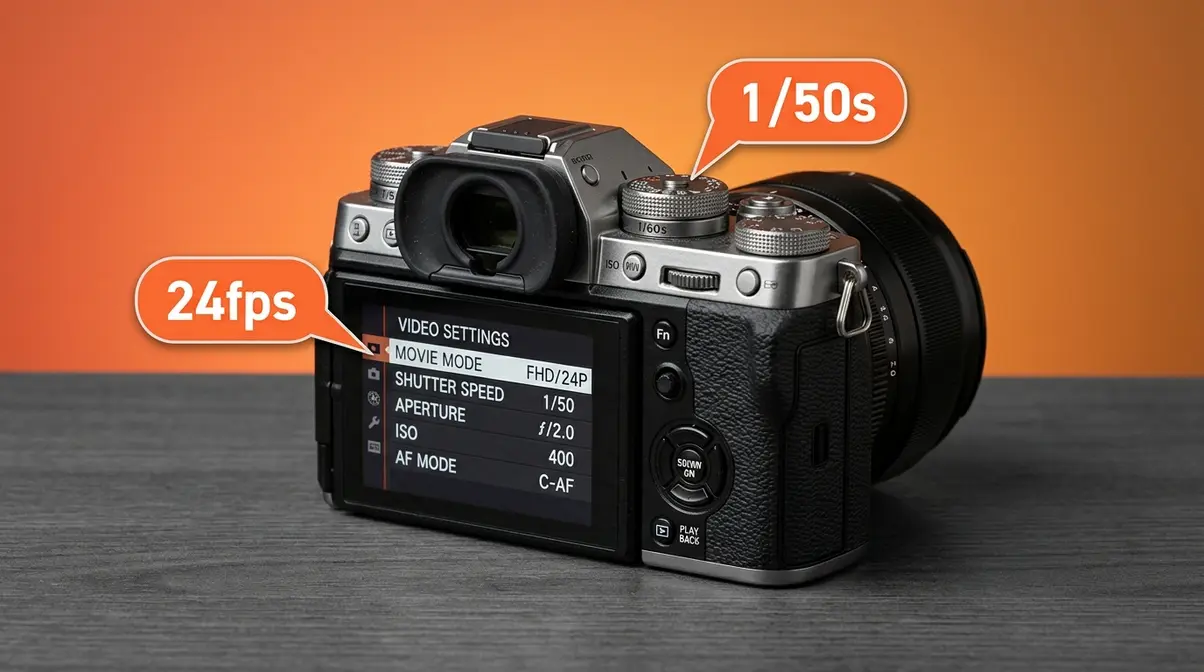 Mirrorless camera with frame rate set to 24fps and shutter speed 1/50s for Charlie Chaplin digital effect