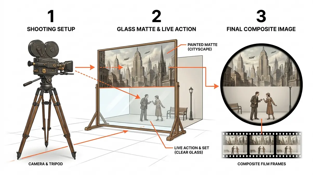 Step-by-step diagram of glass matte painting placed between camera and actors for in-camera composite scene