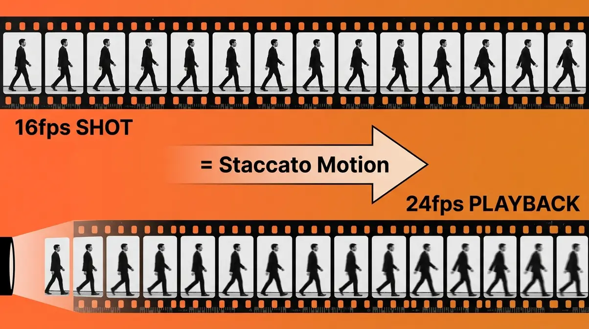 Illustration showing silent film undercranking principle with 16fps shooting and faster playback creating staccato motion