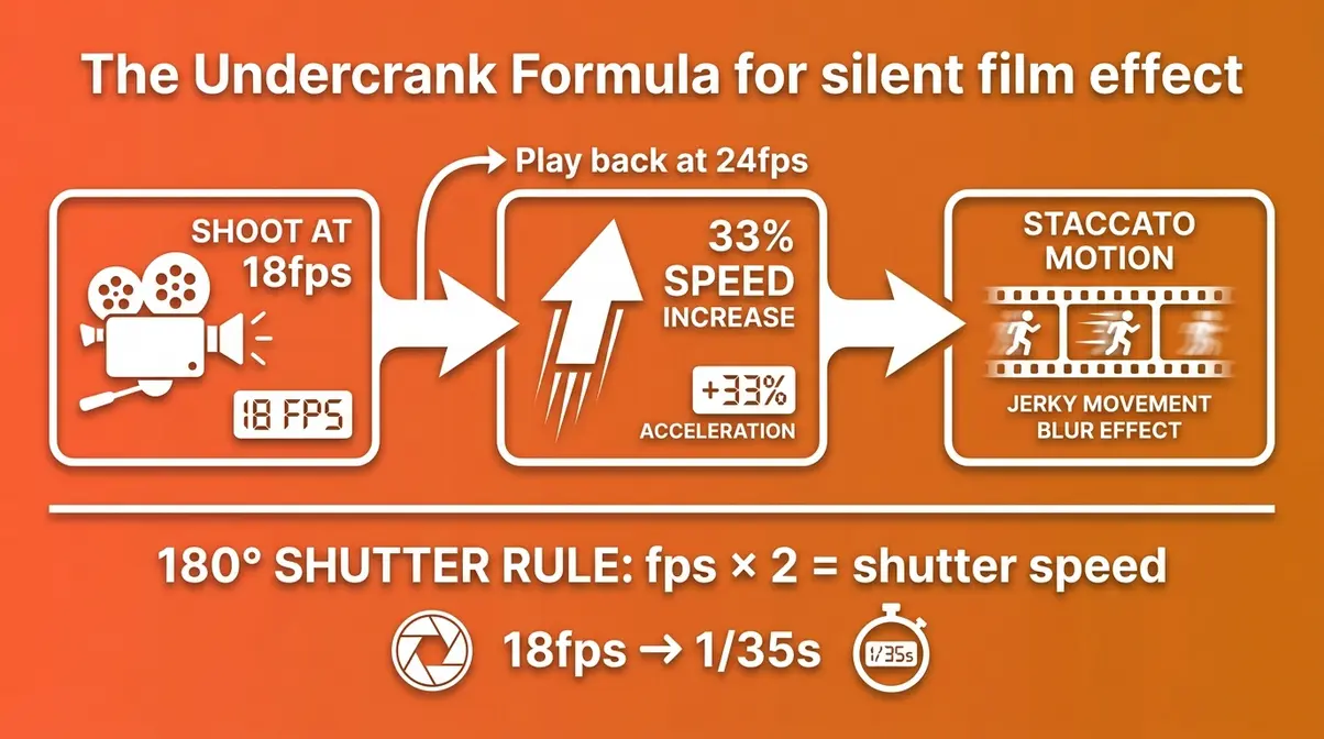 Infographic showing Undercrank Formula: 18fps shooting to 24fps playback produces 33% speed increase and staccato motion