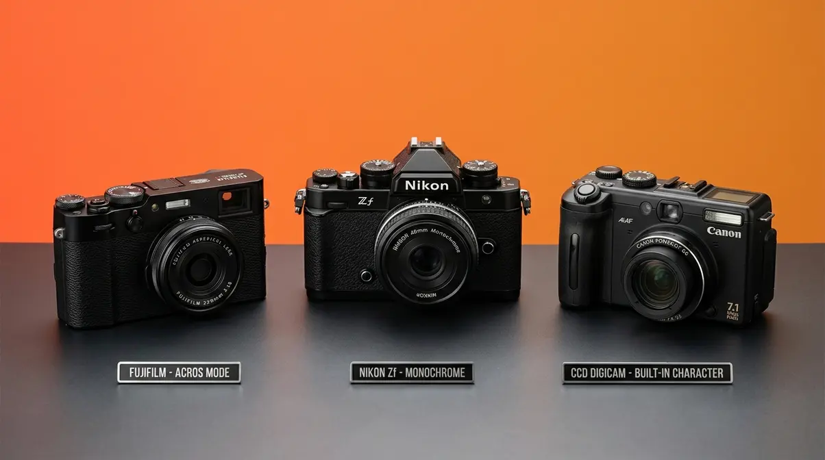 Three cameras for vintage look: Fujifilm X100VI, Nikon Zf, and CCD digicam arranged for comparison