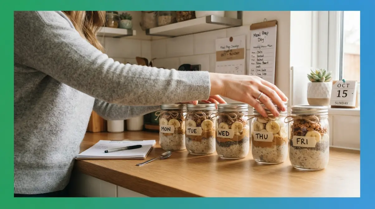 Five overnight oat jars prepped on Sunday for a full week of budget healthy breakfasts