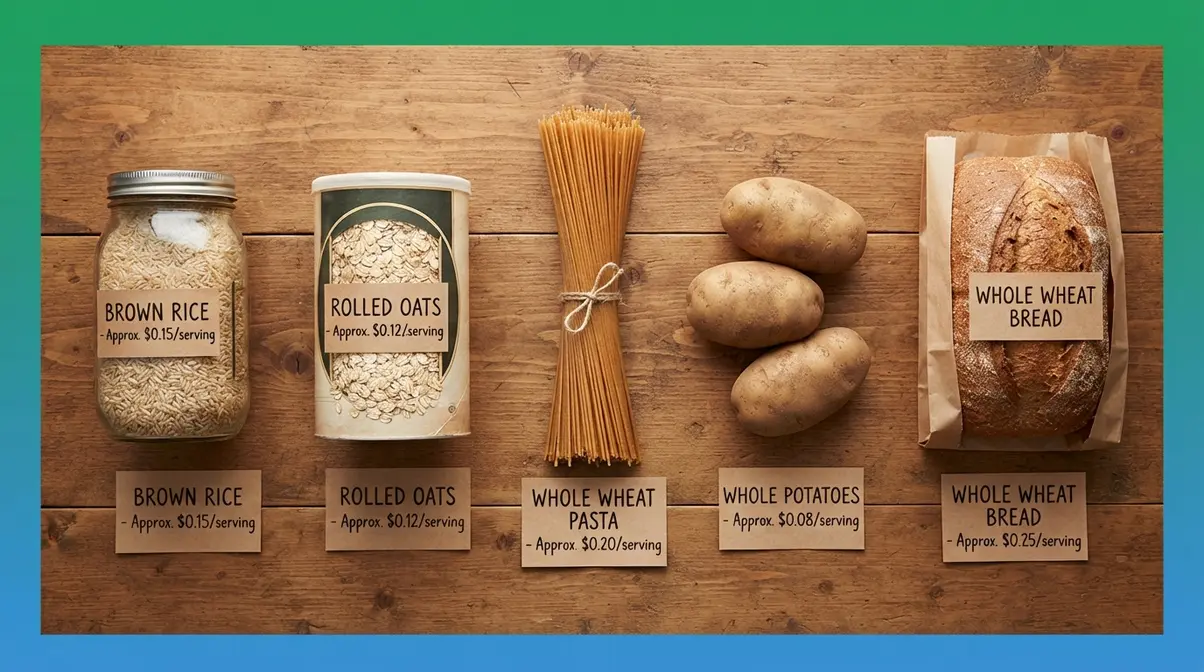 Budget grain staples including brown rice, oats, whole wheat pasta, potatoes, and bread with cost per serving