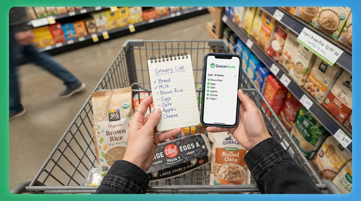 Person shopping with a written grocery list and smartphone app to compare unit prices on a budget