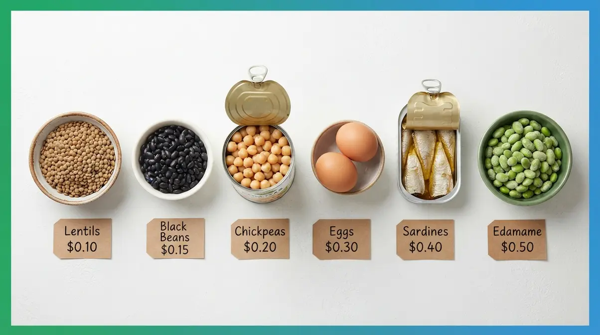 Six cheapest healthy protein sources including lentils, beans, eggs, and canned fish with cost per serving