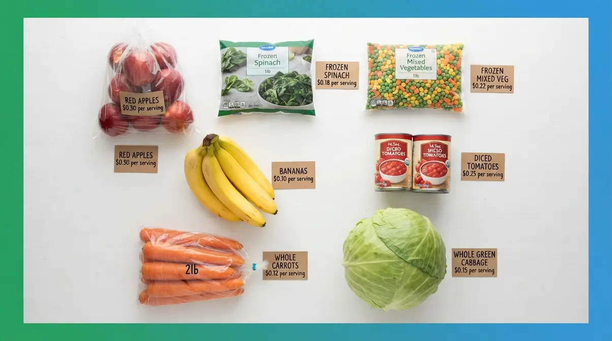 Budget vegetables and fruits including frozen spinach, cabbage, carrots, bananas, and canned tomatoes with prices