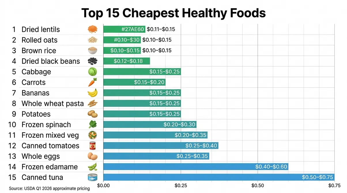 Infographic ranking 15 cheapest healthy foods by cost per serving using USDA pricing data