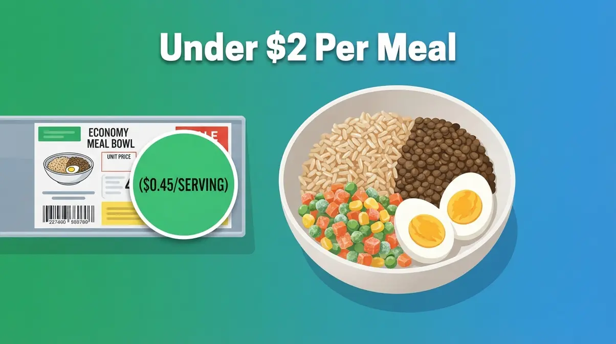 The Inflation-Proof Plate showing rice, lentils, frozen vegetables, and eggs under two dollars per meal