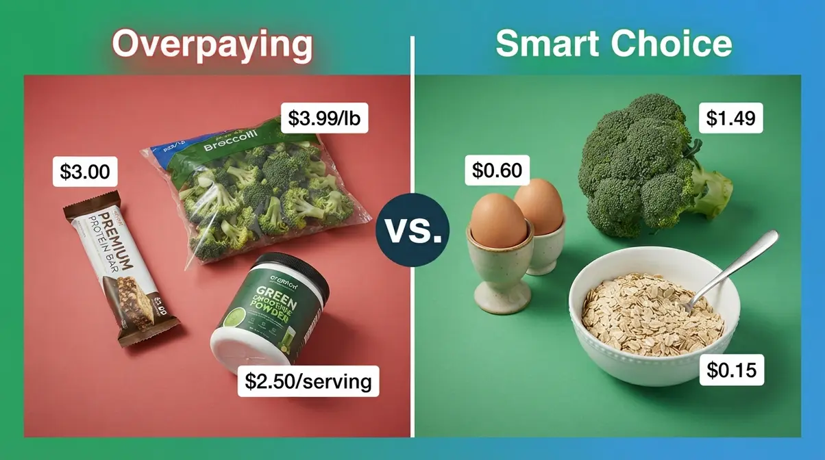 Side-by-side comparison of overpriced healthy food versus affordable whole food staples with price tags