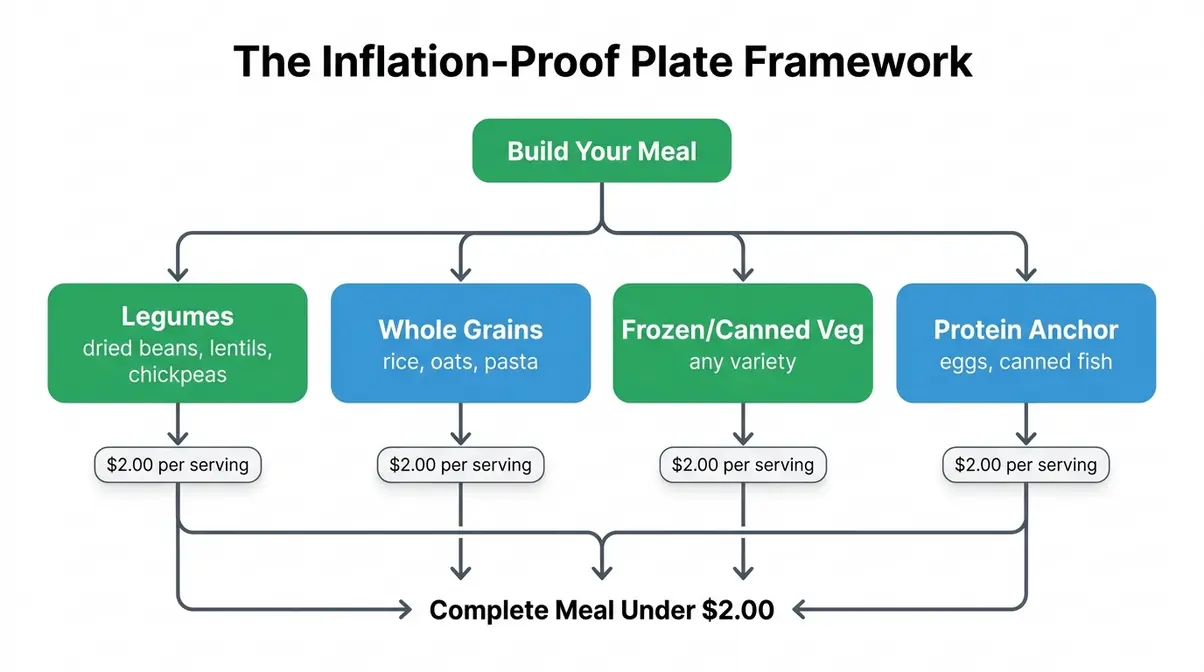 Flowchart showing the Inflation-Proof Plate framework with four meal categories for budget healthy eating