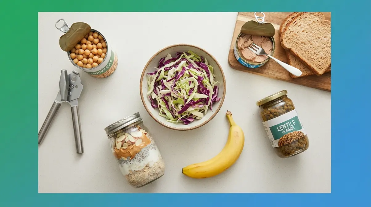 No-cook budget meal ingredients including canned chickpeas, tuna, oats, and cabbage requiring no stove