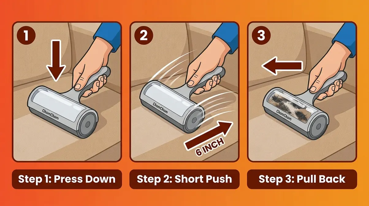 Three-step illustrated diagram of ChomChom roller push-pull technique on a couch cushion