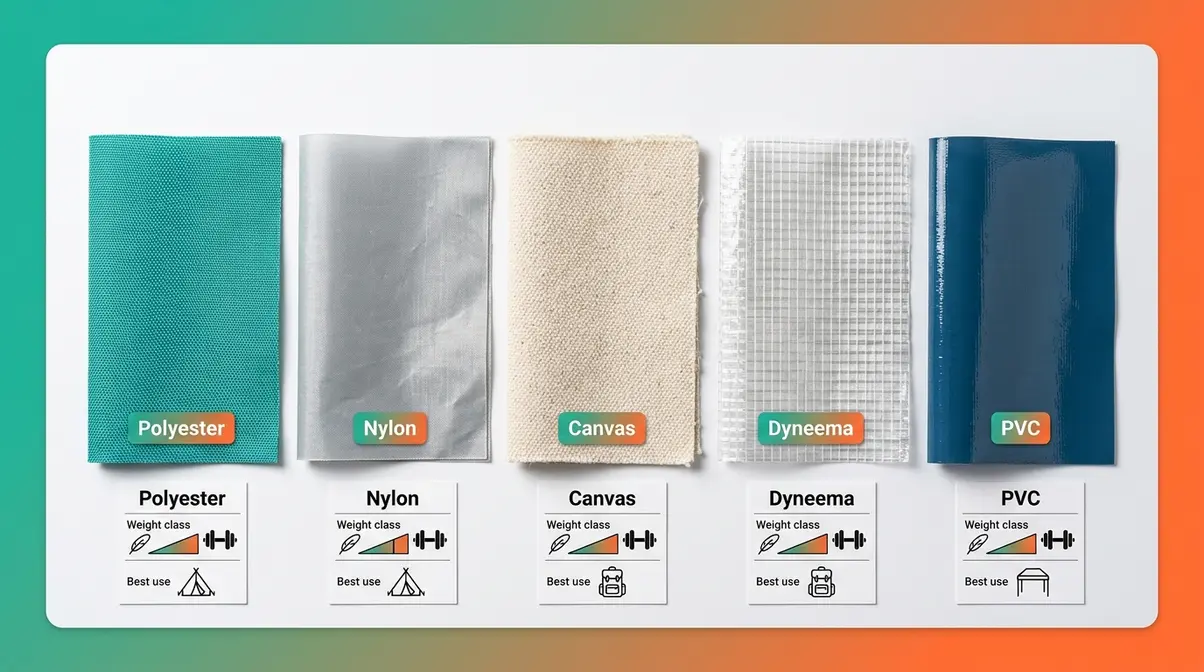 Five weather-resistant camping fabric swatches comparing polyester, nylon, canvas, Dyneema, and PVC materials