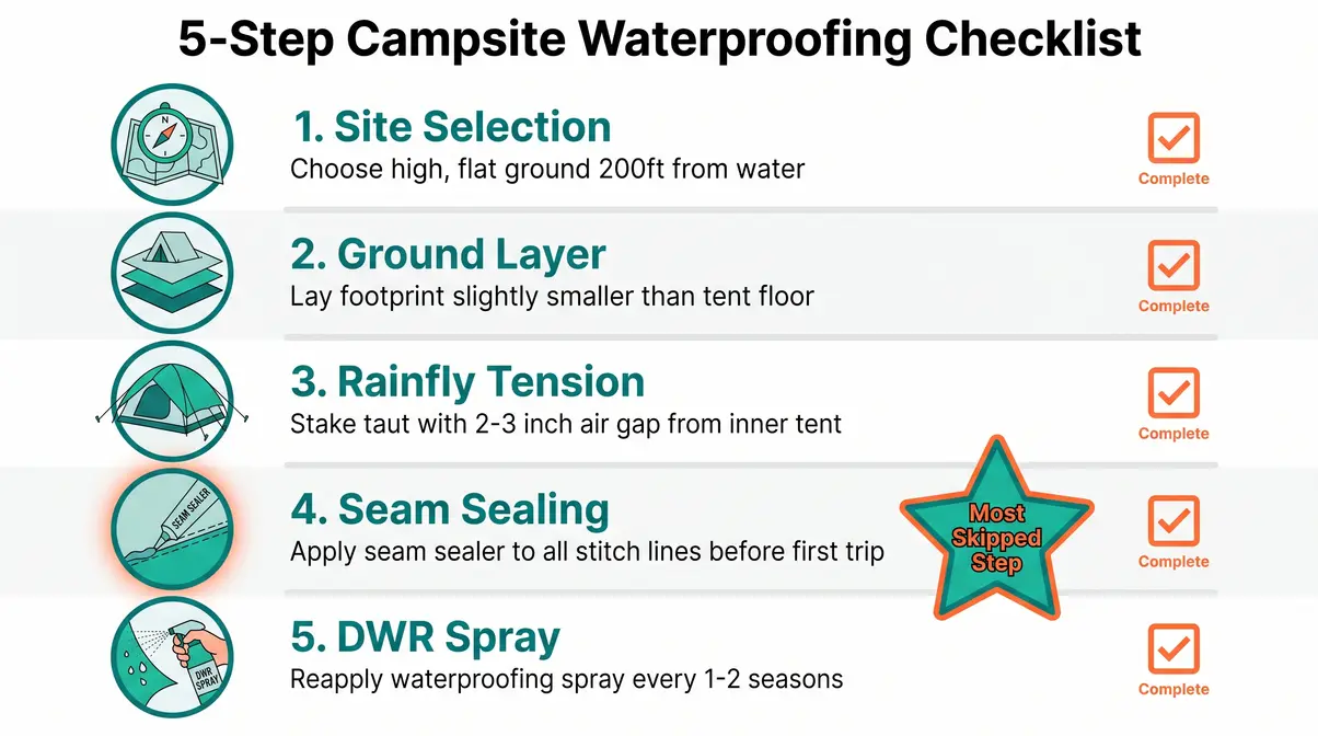 5-step campsite waterproofing checklist for weather-resistant camping materials setup