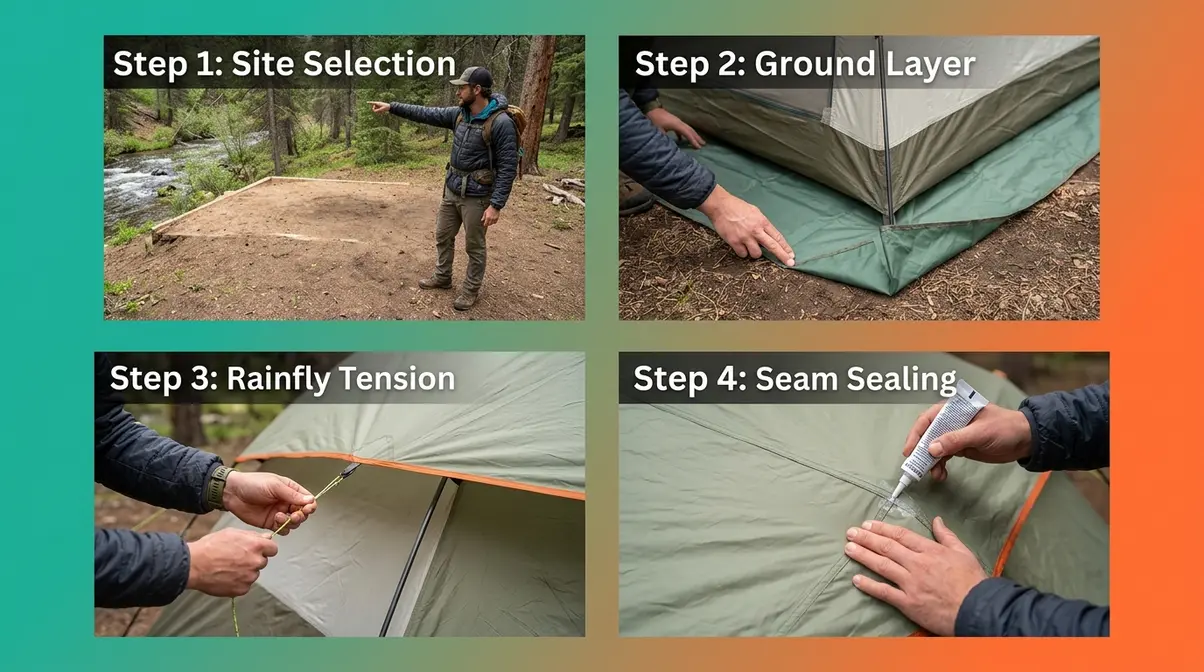 Four-step campsite waterproofing setup process showing site selection, ground layer, rainfly tensioning, and seam sealing