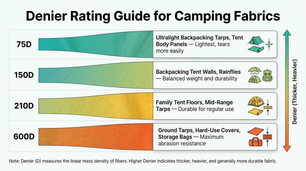 Denier comparison chart for weather-resistant camping materials showing 75D through 600D fabric weights and uses