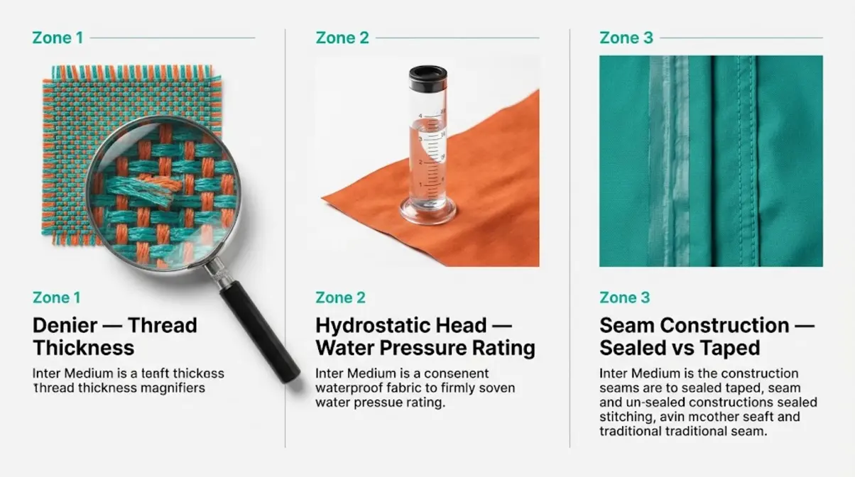 Camping fabric specification guide showing Denier thread thickness, hydrostatic head rating, and seam construction types