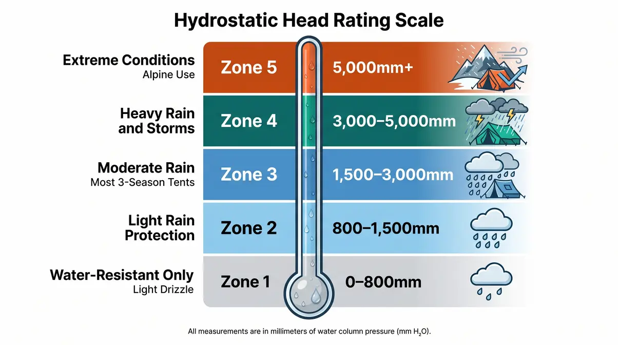 Hydrostatic head rating scale showing waterproof levels for camping tent fabrics from 800mm to 5000mm