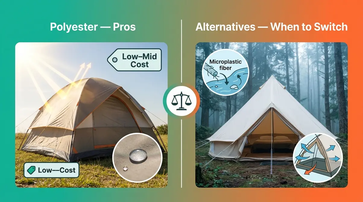 Polyester camping fabric pros compared to canvas and nylon alternatives showing UV resistance versus breathability and environmental factors