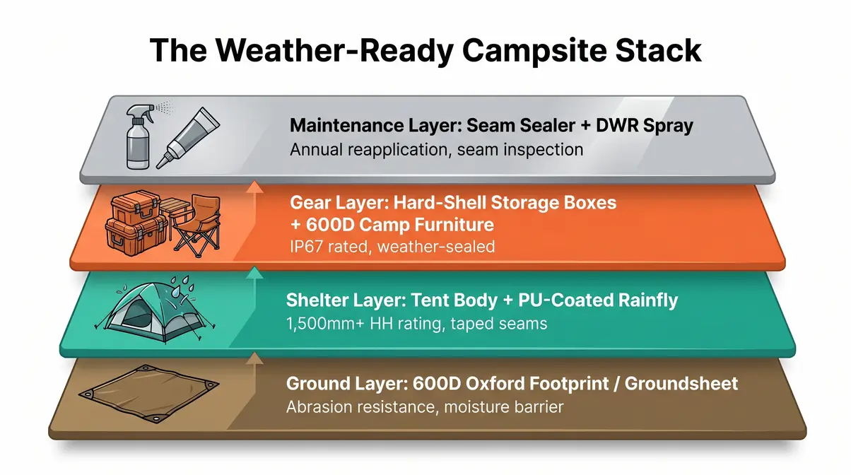 The Weather-Ready Campsite Stack diagram showing four layers of weather-resistant camping materials protection