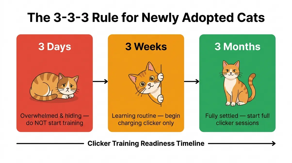 Infographic showing the 3-3-3 rule cat adjustment phases three days three weeks three months with clicker training readiness timeline