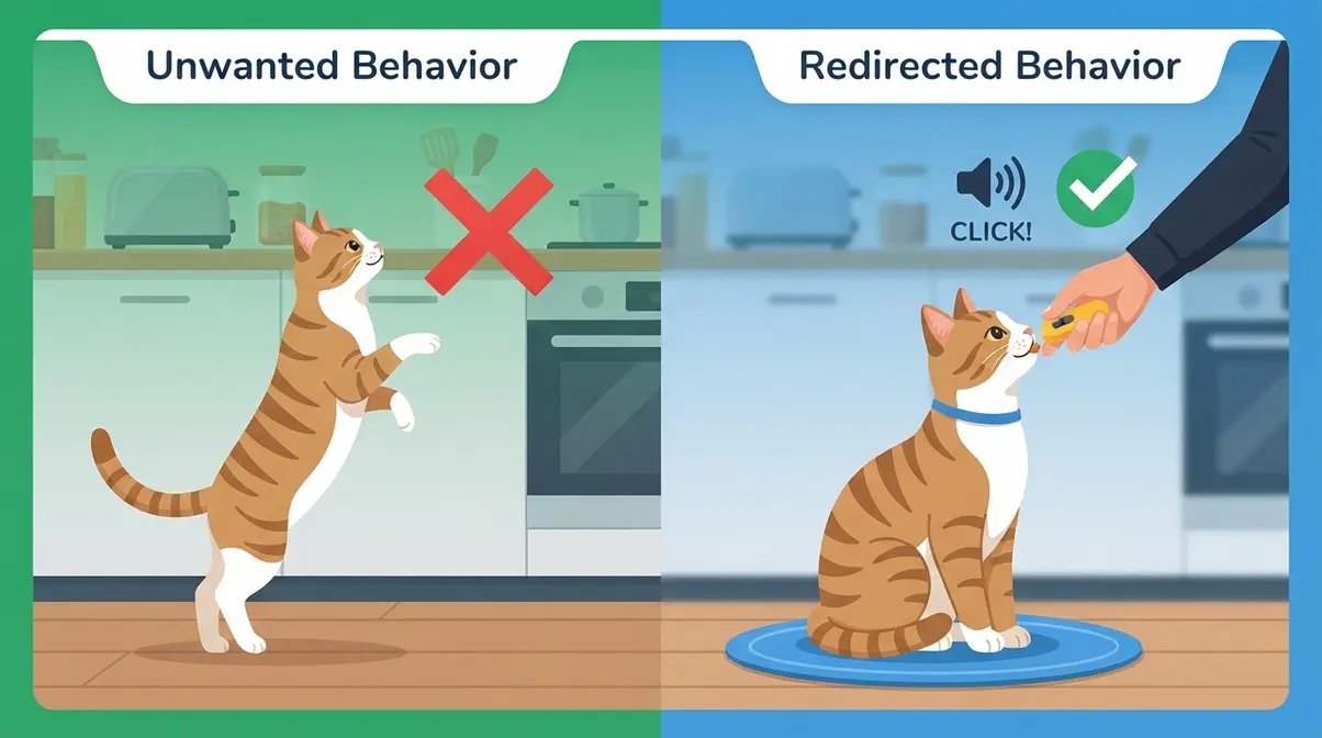 Clicker training cats behavior redirection diagram showing counter-jumping replaced with mat sitting using positive reinforcement