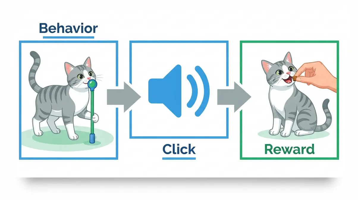 Diagram illustrating positive reinforcement clicker training showing behavior click and treat sequence for cats