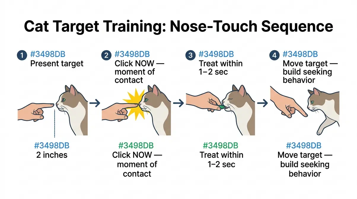 Step-by-step diagram showing cat touching target stick with nose for clicker training nose-touch behavior sequence