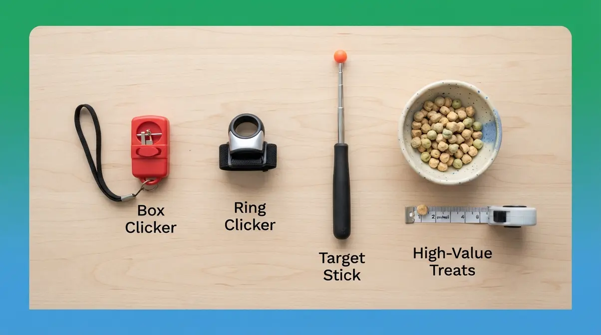 Cat clicker training starter kit showing box clicker target stick finger ring clicker and high-value treats