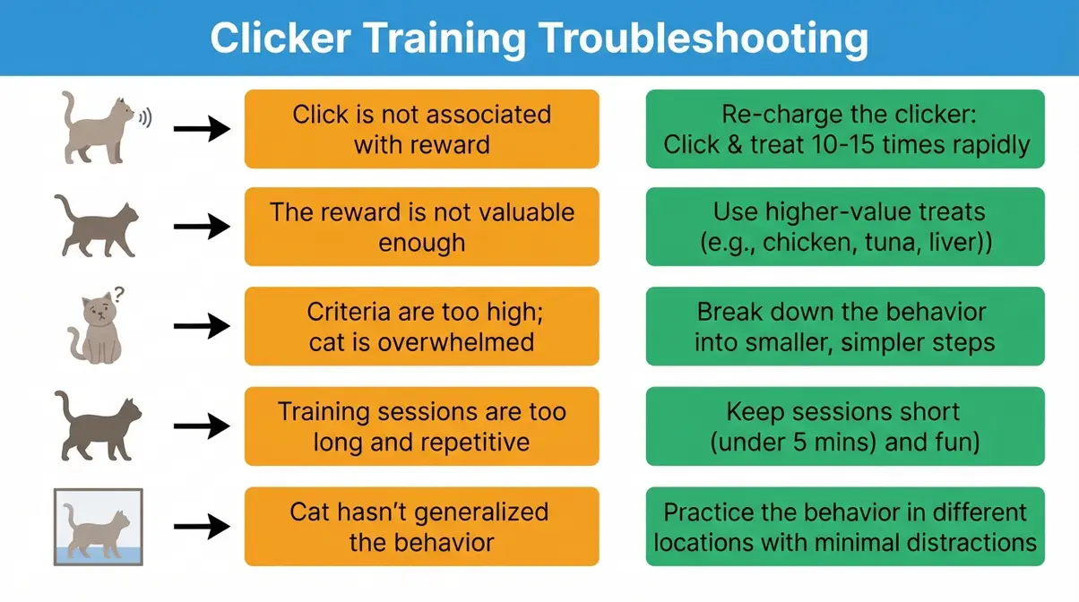 Cat clicker training troubleshooting guide showing five common problems causes and fixes for unresponsive cats