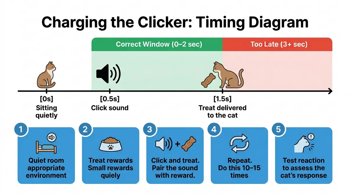 Clicker training for cats timing infographic showing the correct click-to-treat window under two seconds with five charging steps