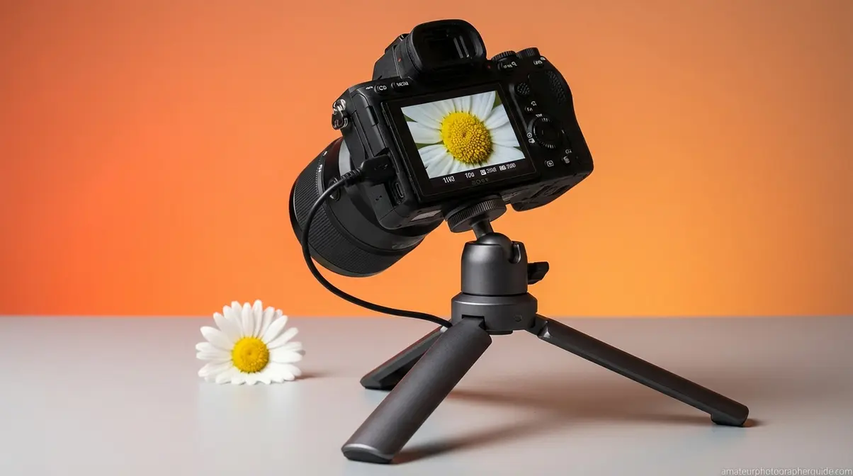 Camera on tripod with Live View manual focus for sharp close up photography of a white daisy