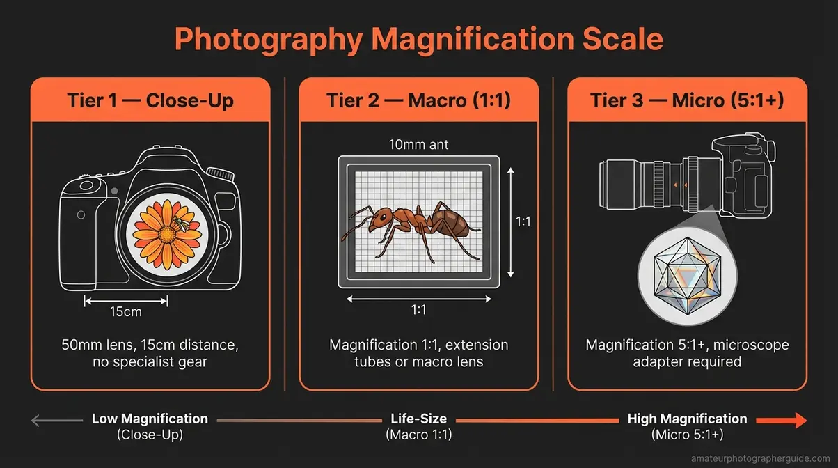 Close up photography magnification scale comparing standard close-up, 1:1 macro, and 5:1 micro photography tiers