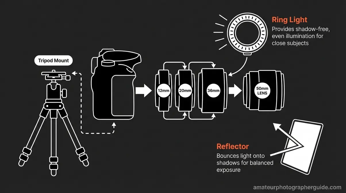 Camera body with extension tubes attached and lighting placement for close up photography beginners