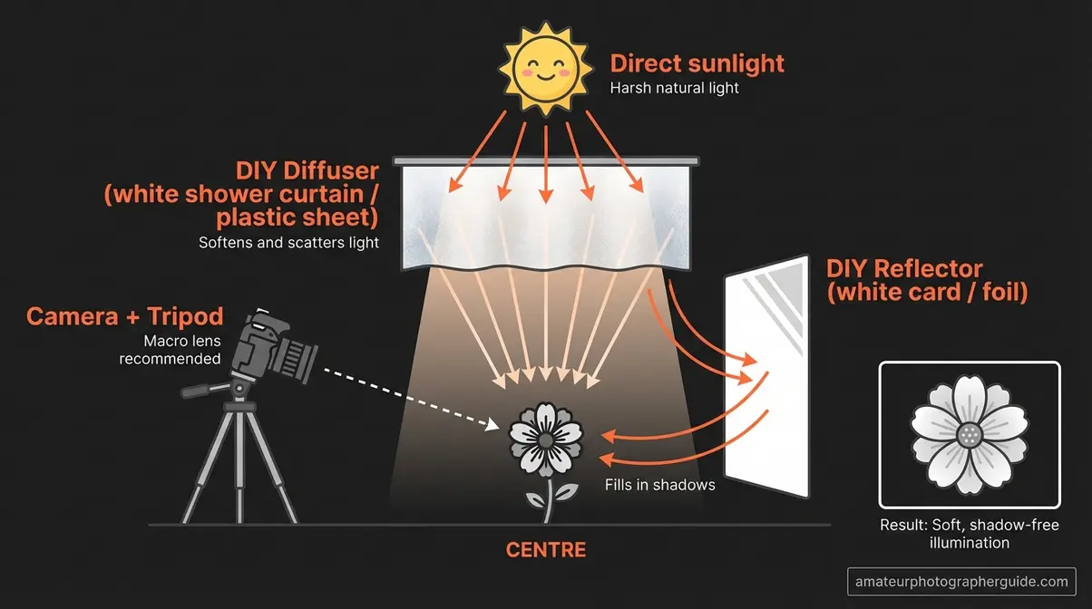 Close up photography lighting diagram showing natural light diffuser reflector and camera positioning outdoors
