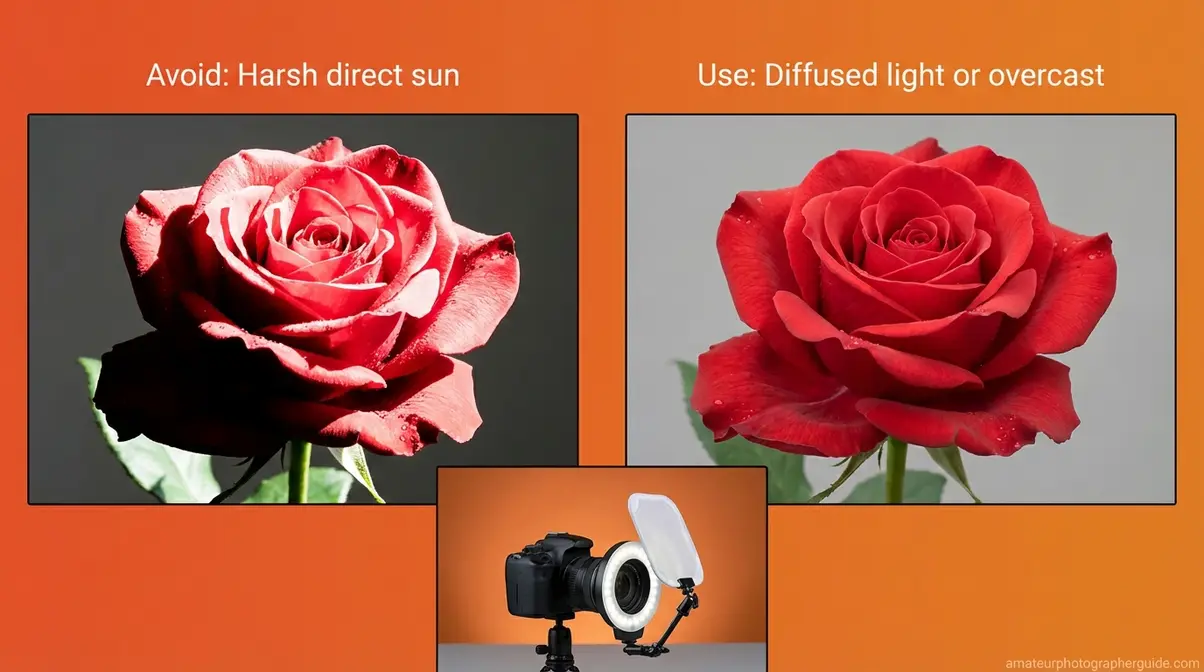 Close up photography lighting comparison showing harsh direct sun versus soft diffused natural light on flowers