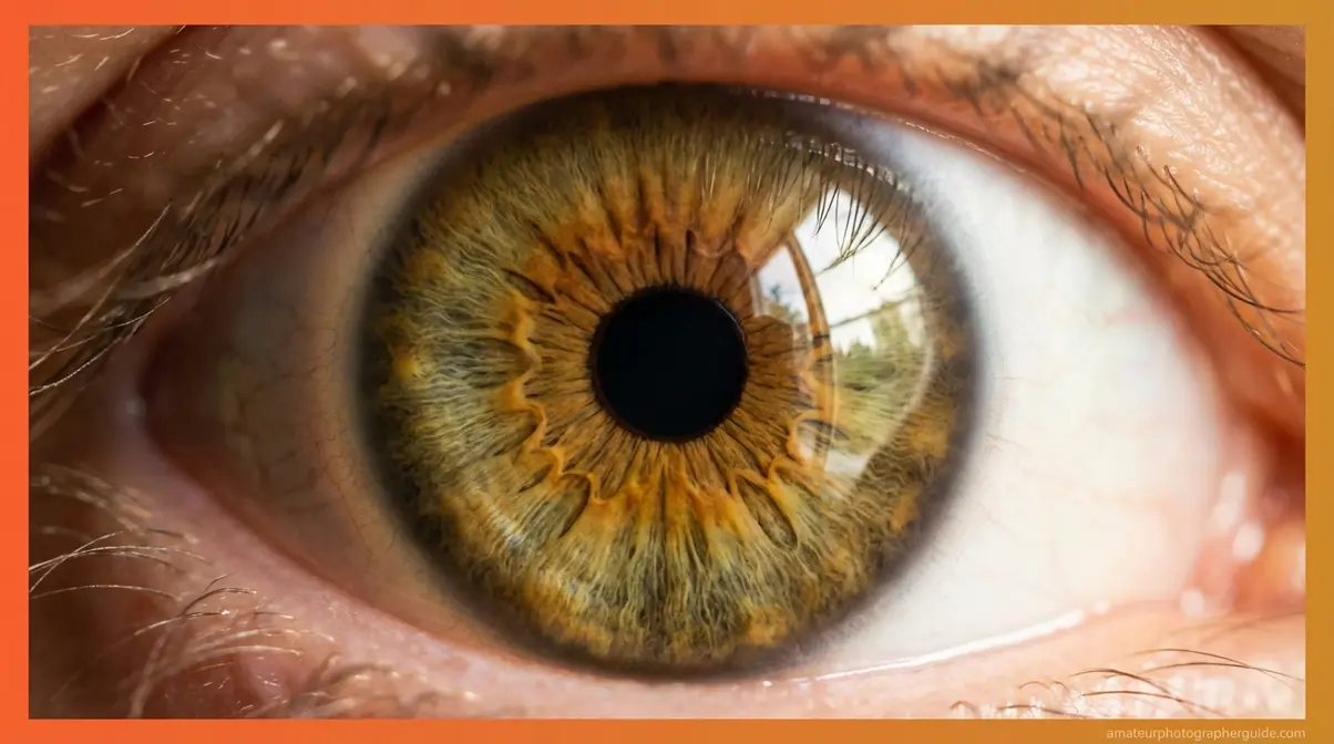 Close up photography of human eye iris showing detailed fibre patterns with natural window catchlight