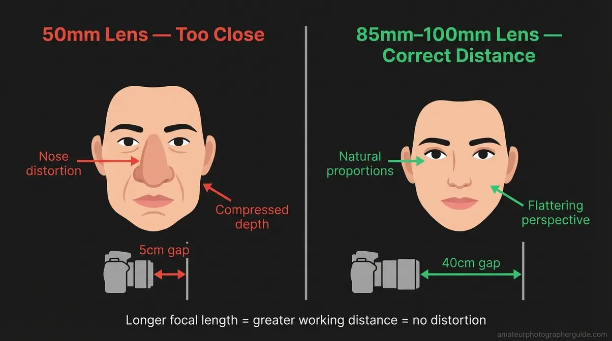 Split comparison showing 50mm vs 85mm lens distortion in close up portrait photography