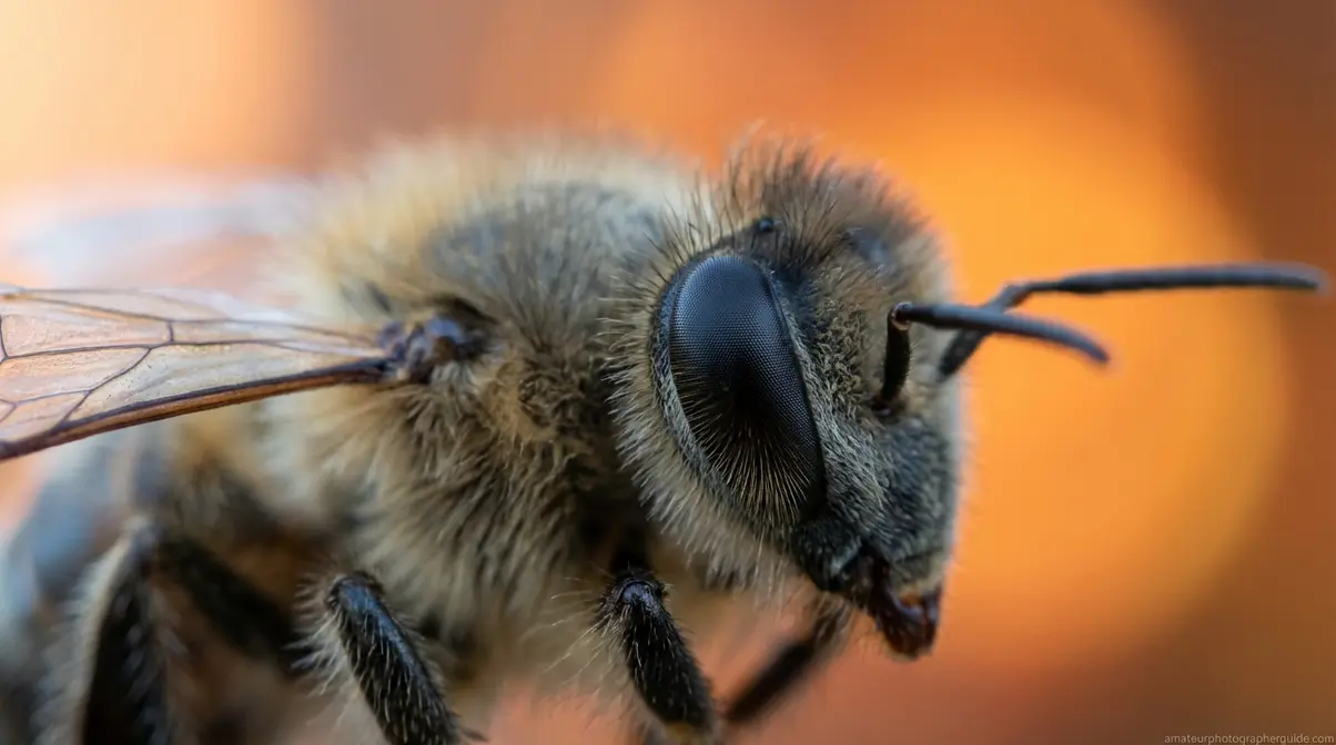 Extreme close up photography of a bee compound eye on lavender in sharp macro focus